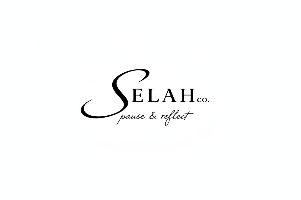 Logo of SELAH co. with text 'Pause & reflect' on a black background